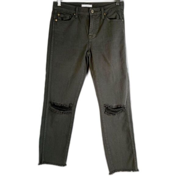 7 for All Mankind Army Green Raw Ankle Skinny Jean Destructed Knee Size 25 - Picture 1 of 12